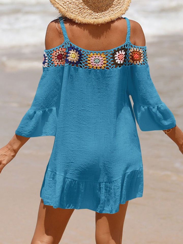 EJC Crochet Cold Shoulder Three-Quarter Sleeve Cover Up