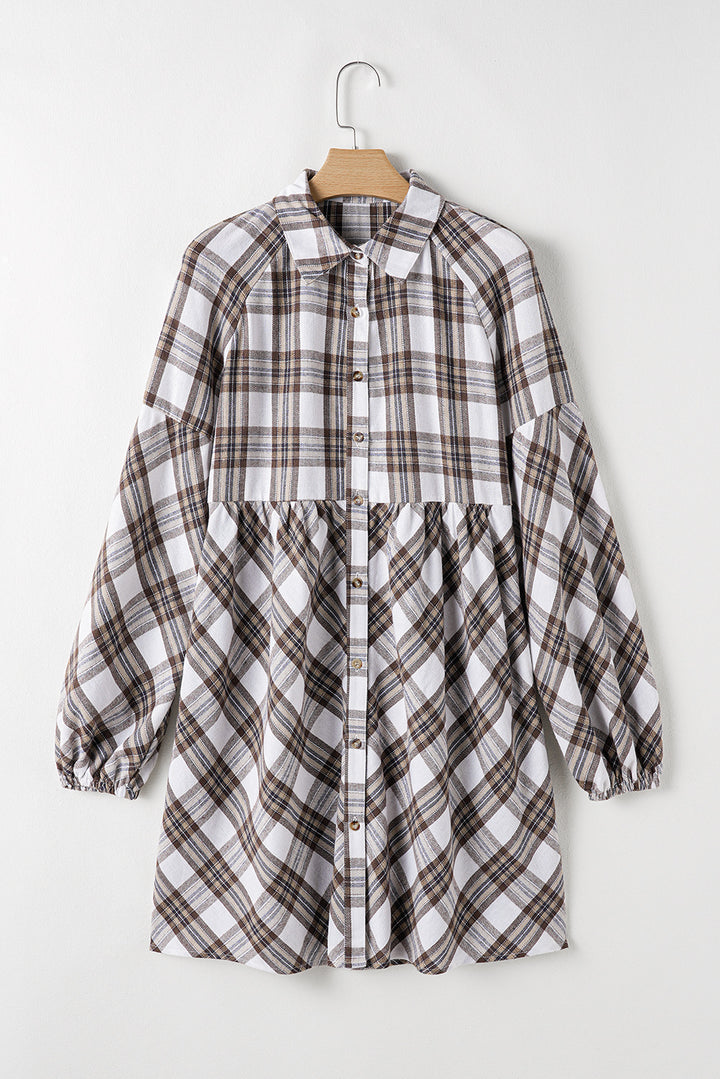 EJC Plaid Collared Neck Balloon Sleeve Mini Shirt Dress