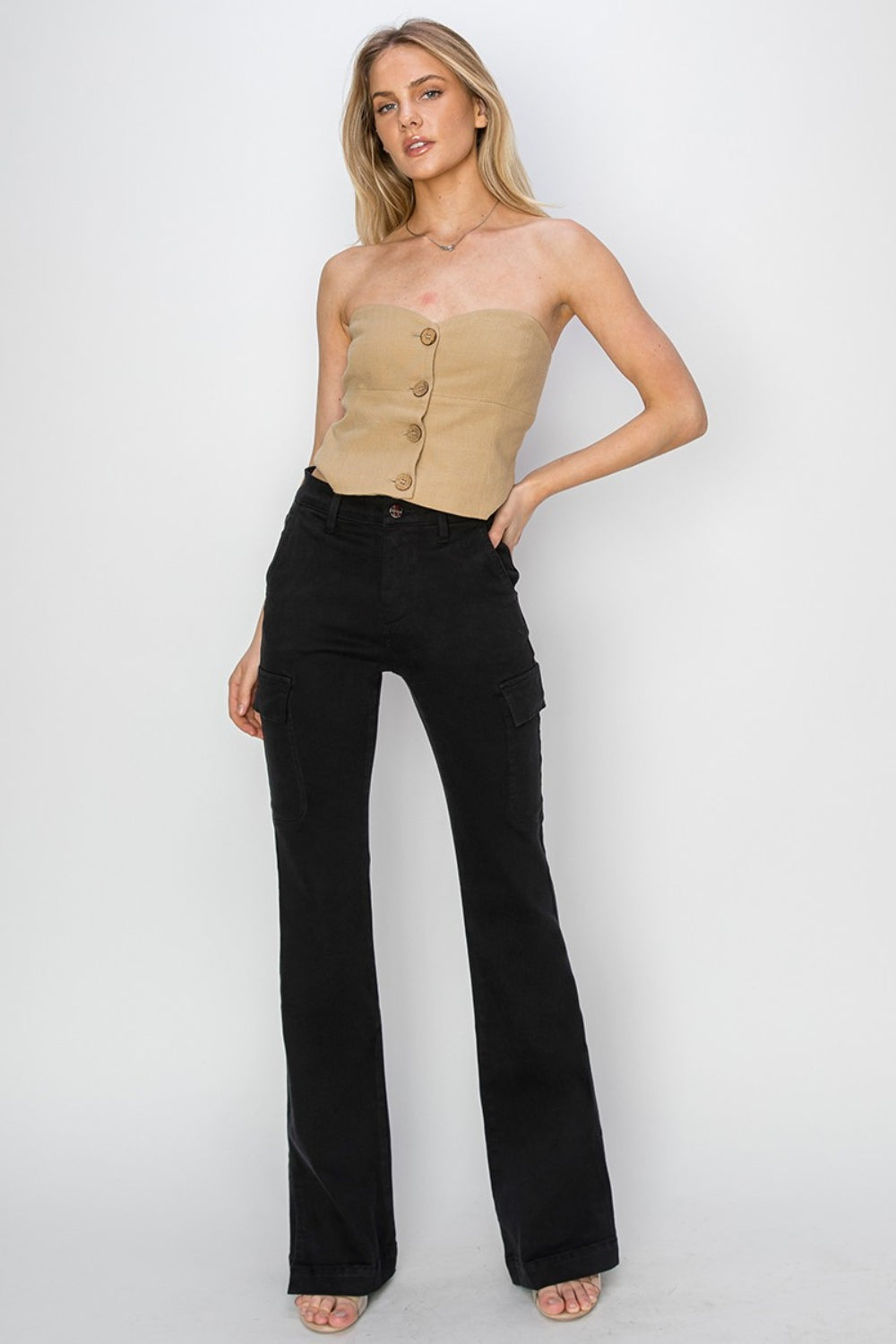 EJC RISEN Full Size High Rise Side Slit Cargo Bootcut Jeans