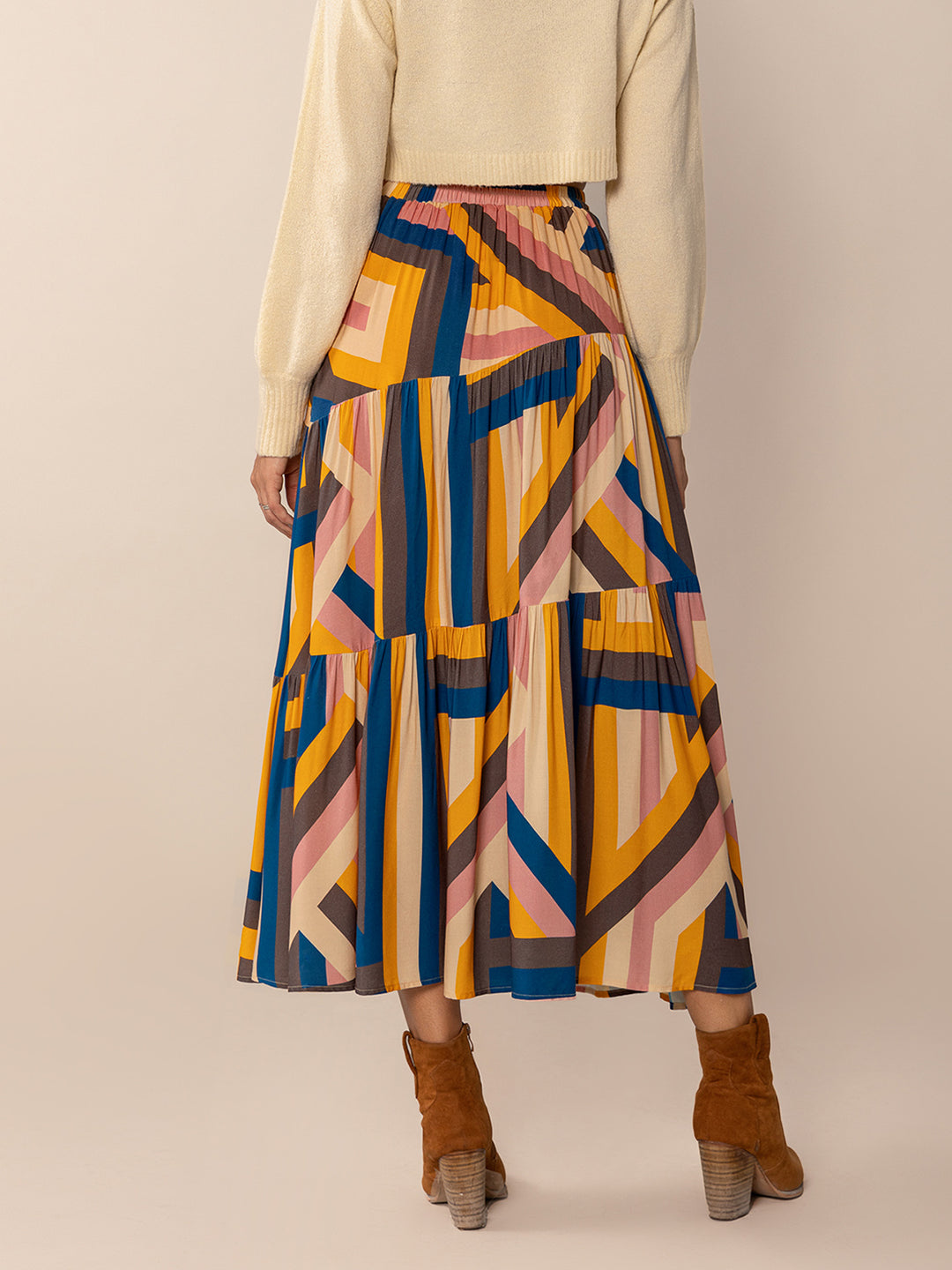 EJC Ruched Elastic Waist Contrast Midi Skirt