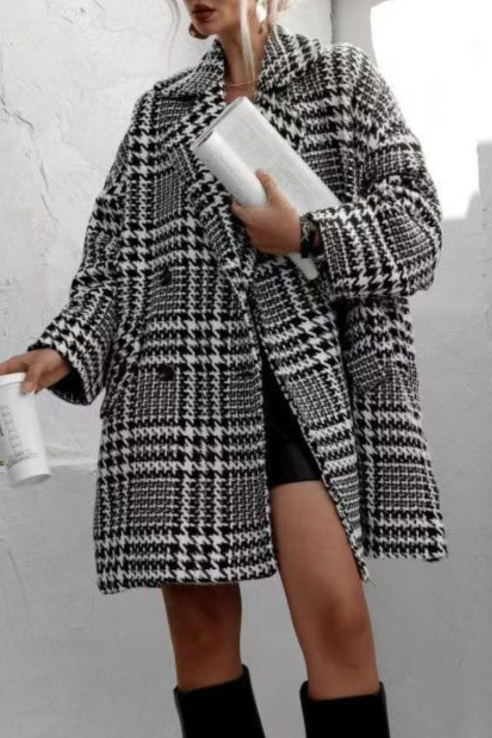 EJC Houndstooth Collared Neck Long Sleeve Coat with Pockets