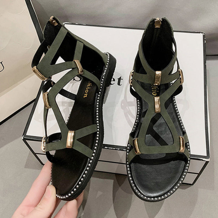 EJC OPEN TOE BACK ZIPPER FLAT SANDALS