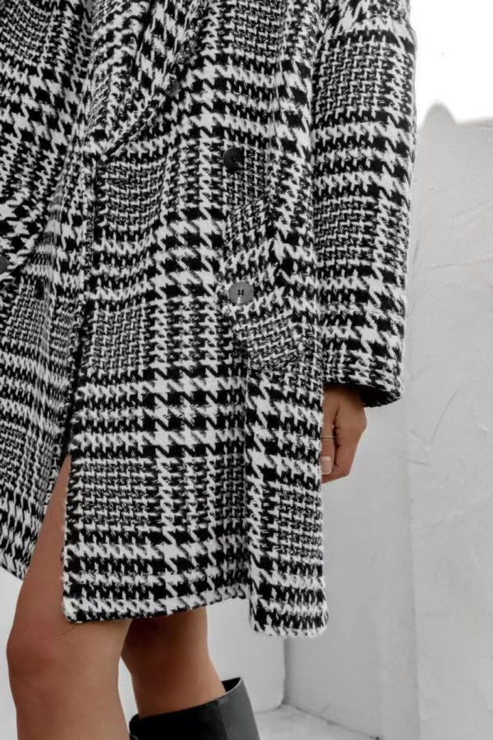 EJC Houndstooth Collared Neck Long Sleeve Coat with Pockets