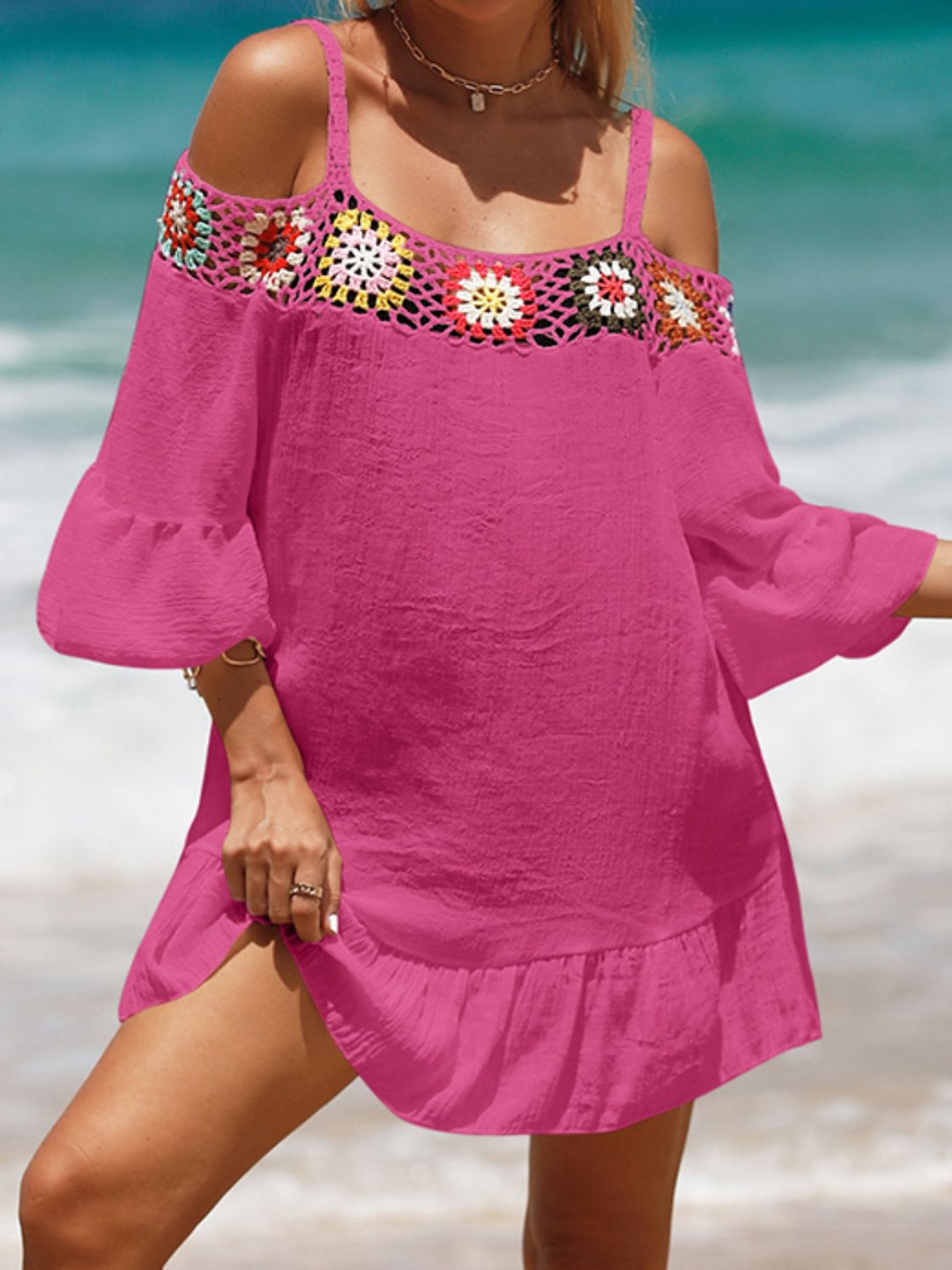 EJC Crochet Cold Shoulder Three-Quarter Sleeve Cover Up