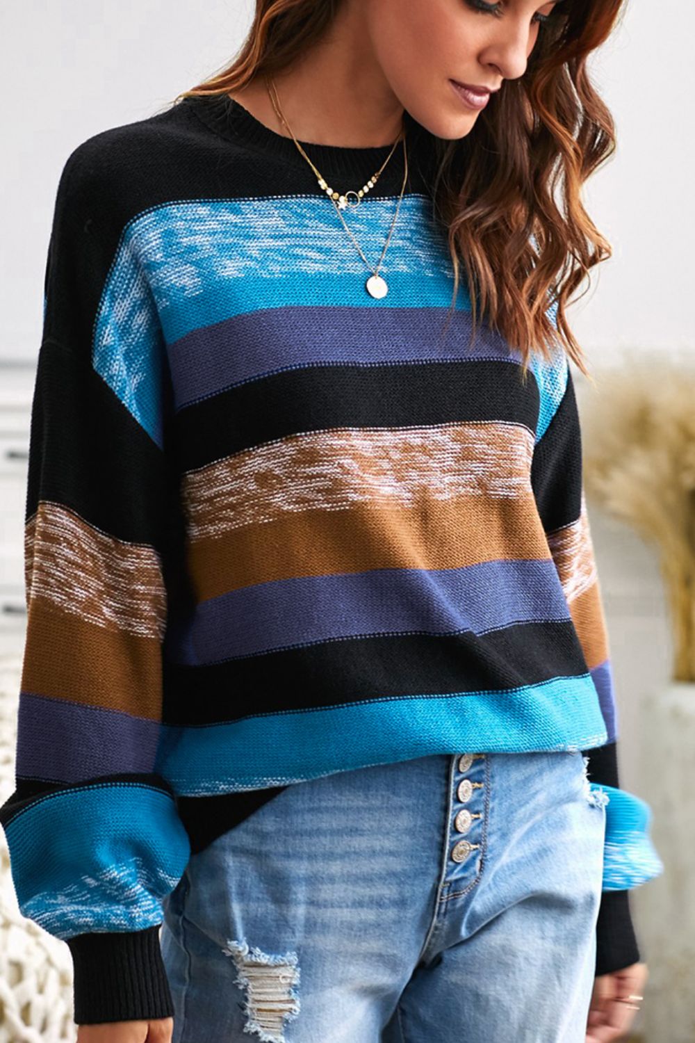 EJC Contrast Striped Round Neck Drop Shoulder Sweater