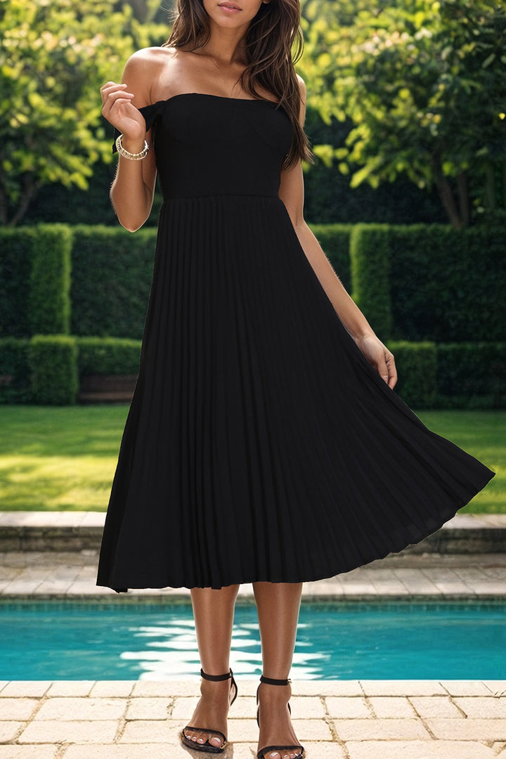 EJC Pleated Off-Shoulder Midi Dress