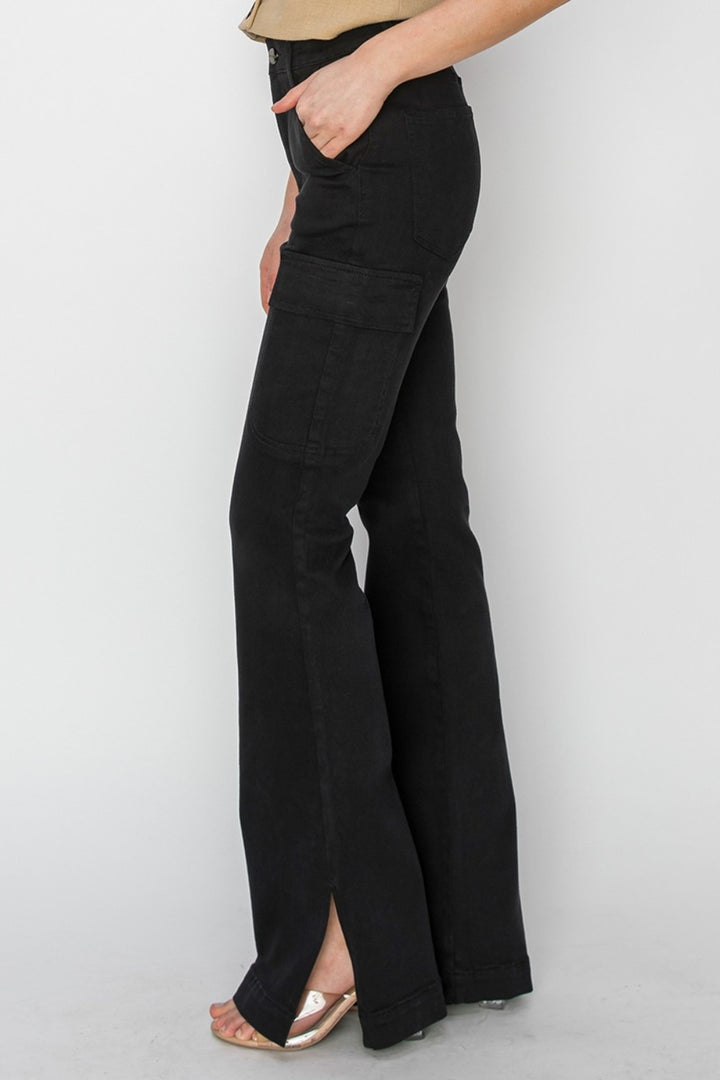 EJC RISEN Full Size High Rise Side Slit Cargo Bootcut Jeans