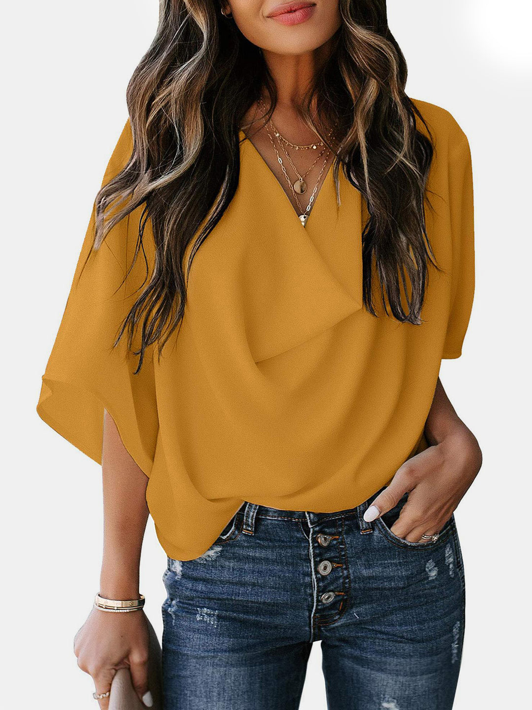 EJC Cowl Neck Three-Quarter Sleeve Blouse