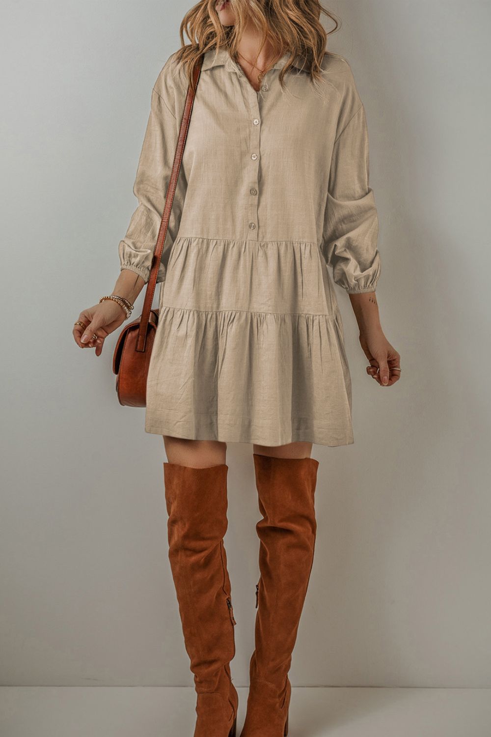 EJC Tiered Collared Neck Balloon Sleeve Shirt Dress