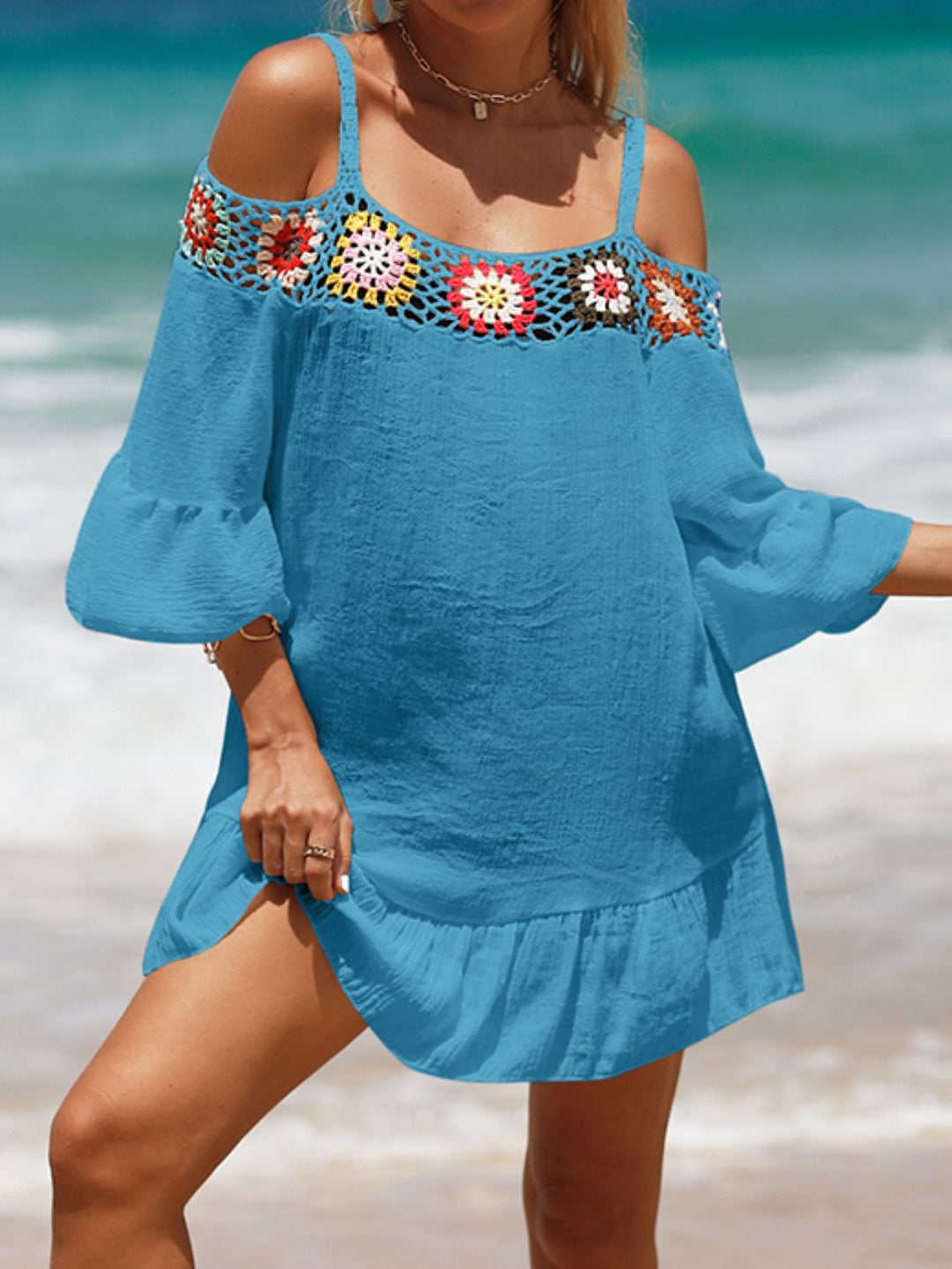 EJC Crochet Cold Shoulder Three-Quarter Sleeve Cover Up