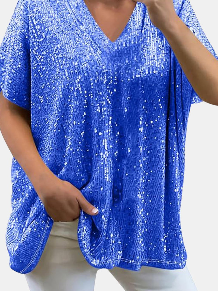 EJC Sequin V-Neck Short Sleeve Top