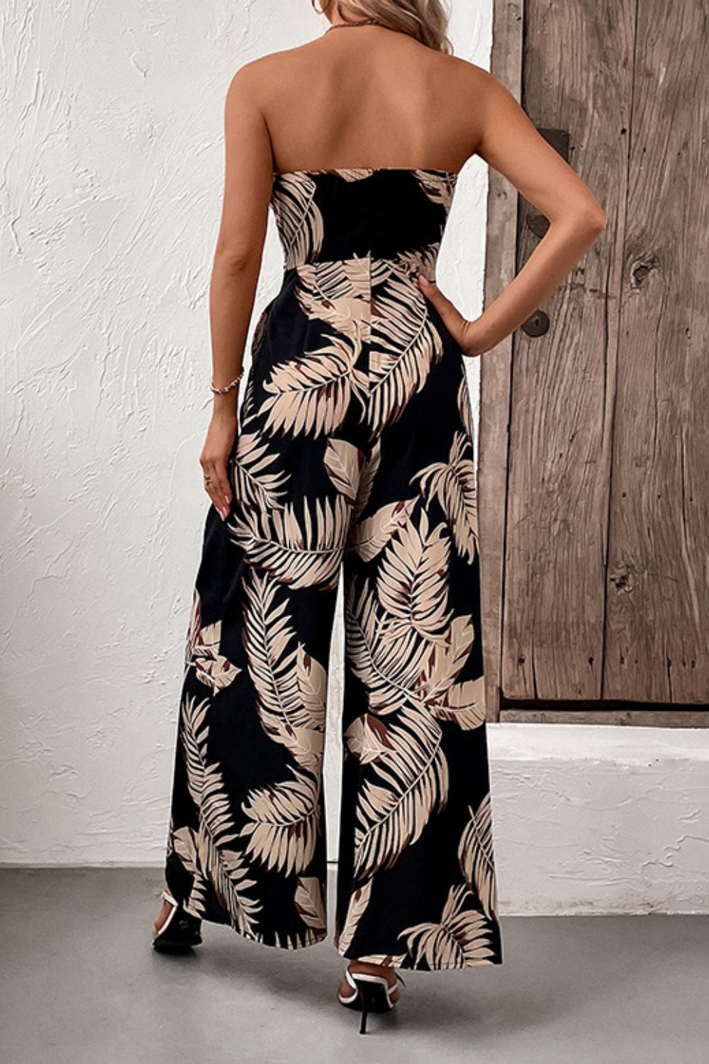 EJC Printed Strapless Wide Leg Jumpsuit with Pockets