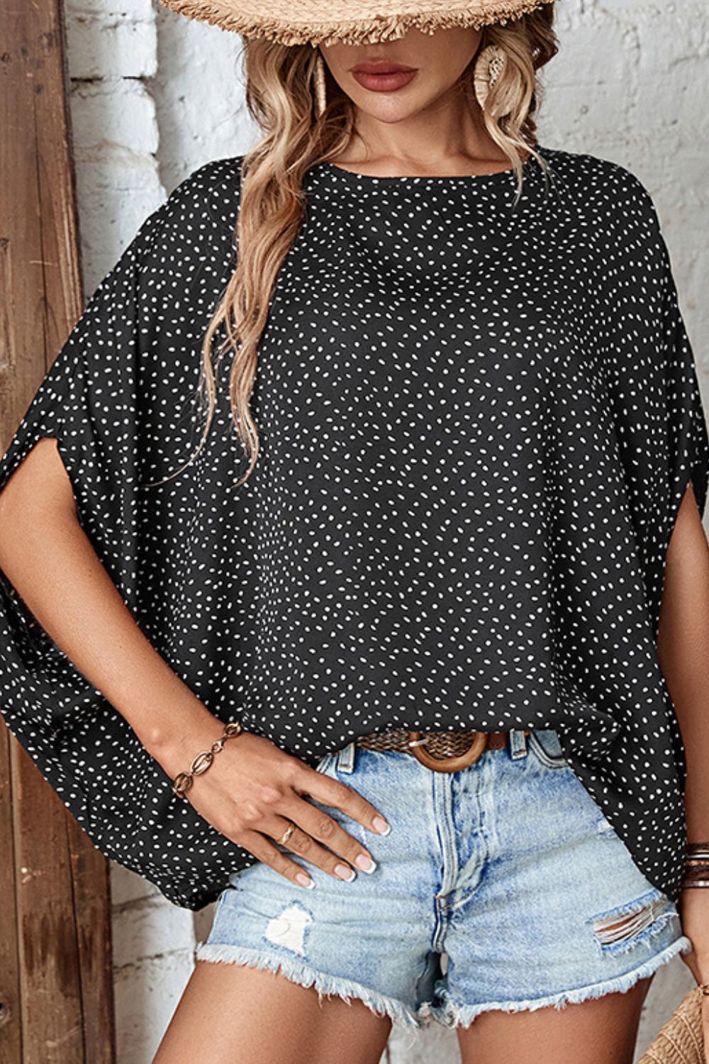 EJC Printed Dolman Sleeve Round Neck Blouse