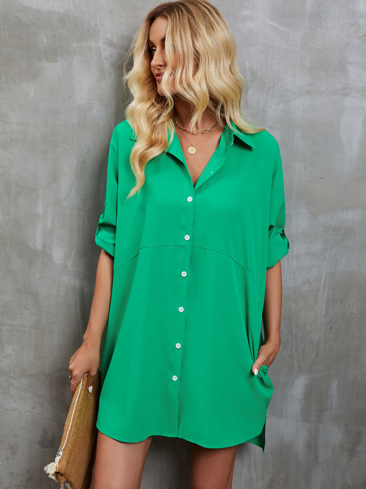 EJC Pocketed Button Up Dropped Shoulder Oversized Soft Shirt Dress