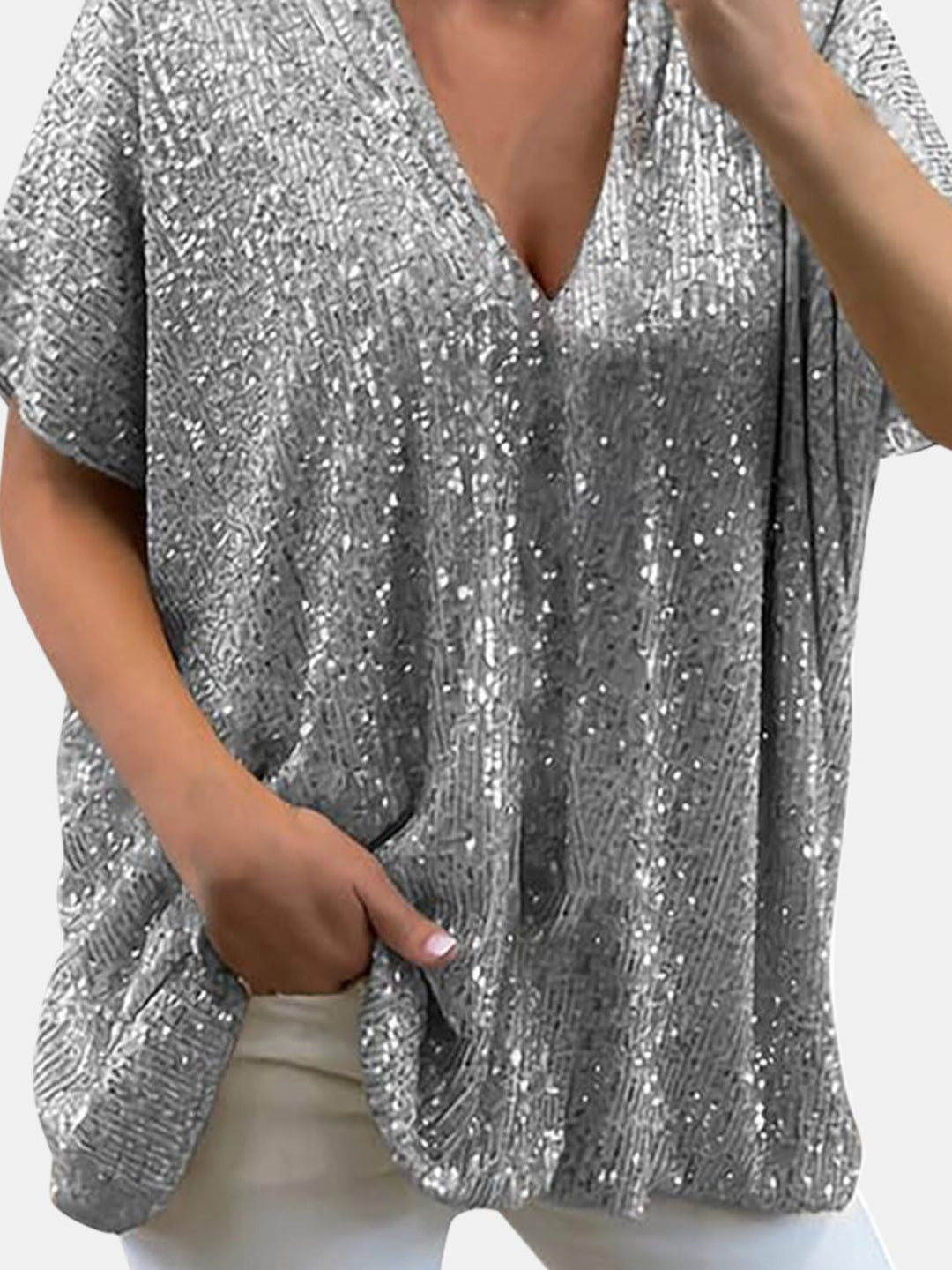 EJC Sequin V-Neck Short Sleeve Top