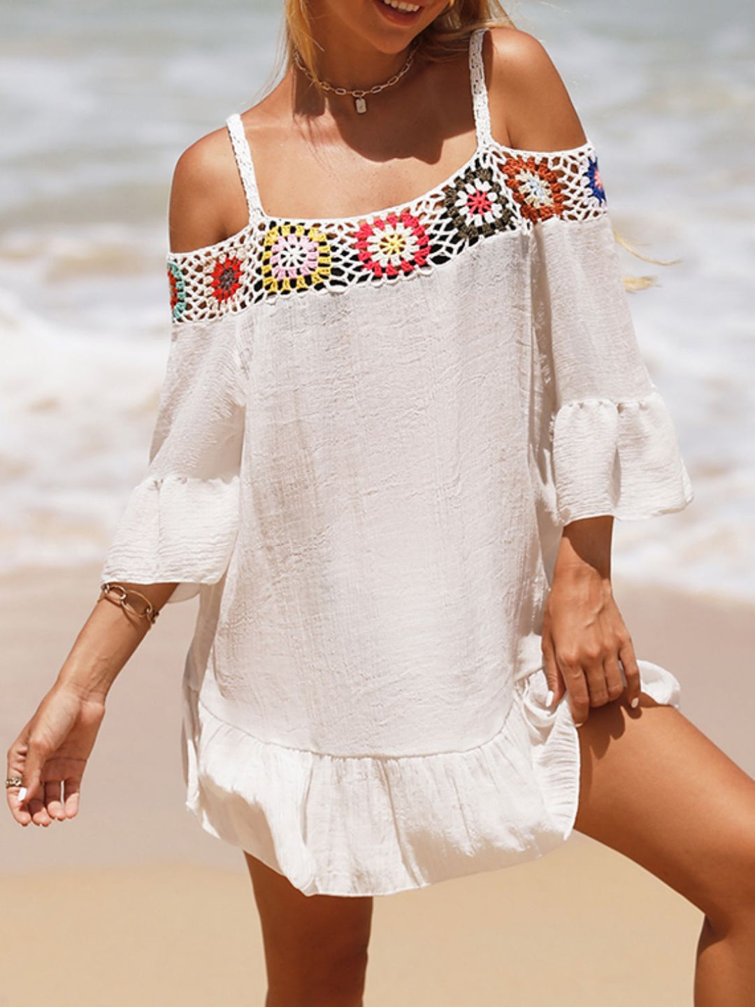 EJC Crochet Cold Shoulder Three-Quarter Sleeve Cover Up