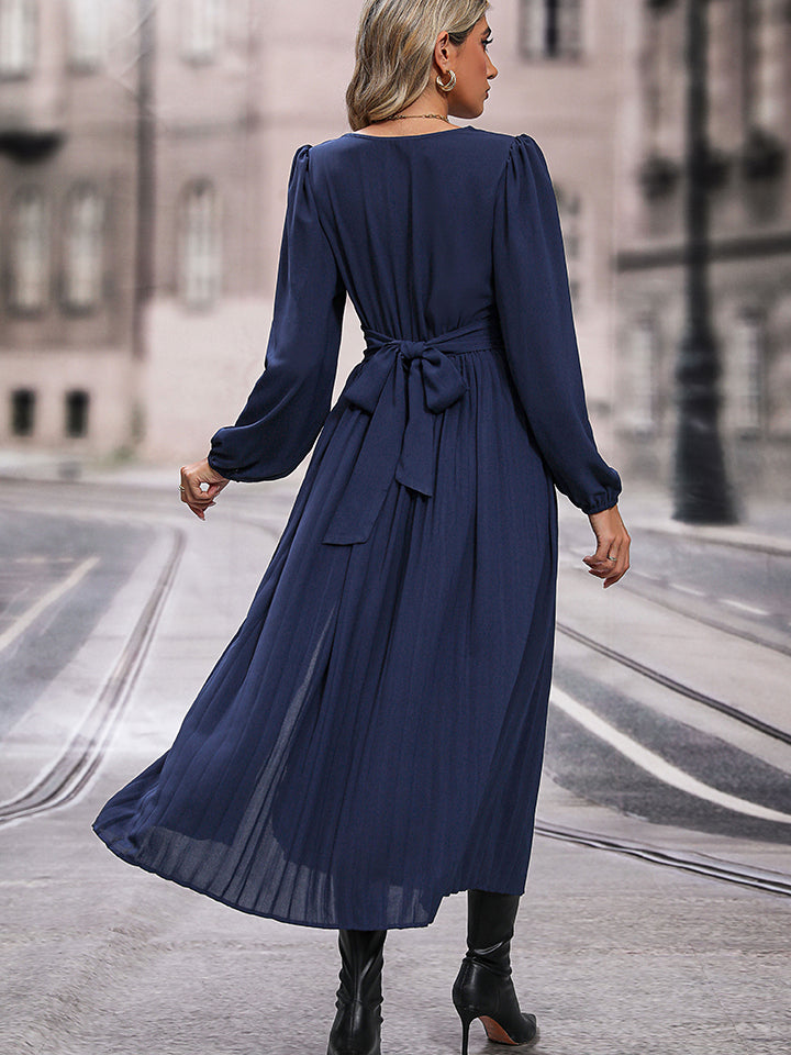 EJC V-Neck Long Sleeve Pleated Slit Dress