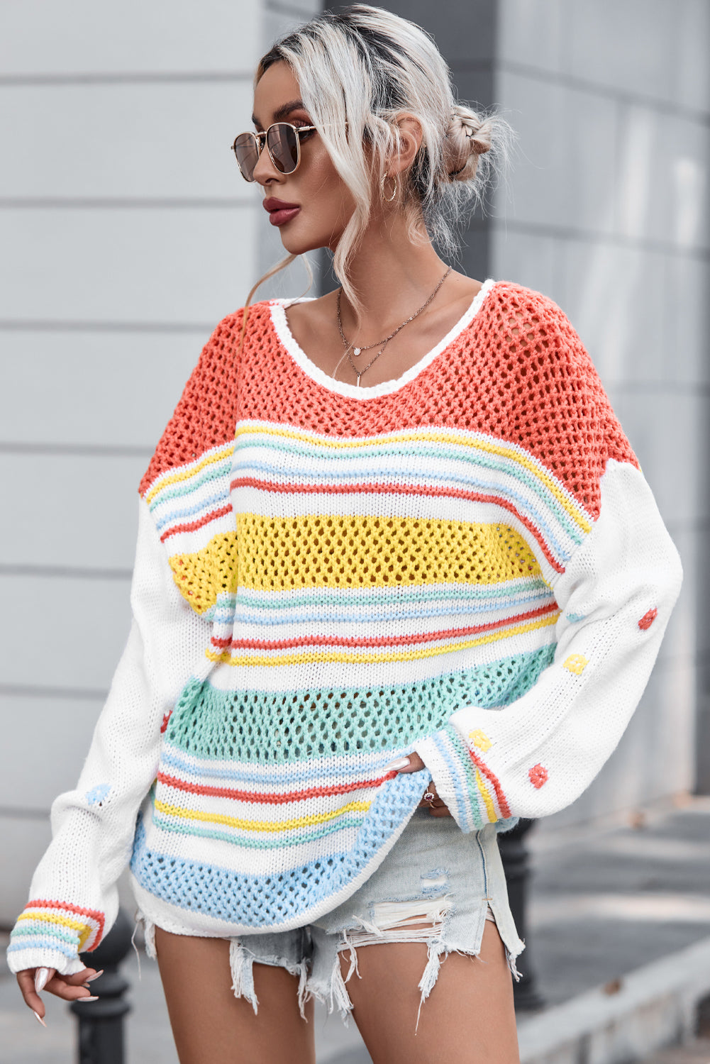 EJC Striped Color Block Round Neck Sweater