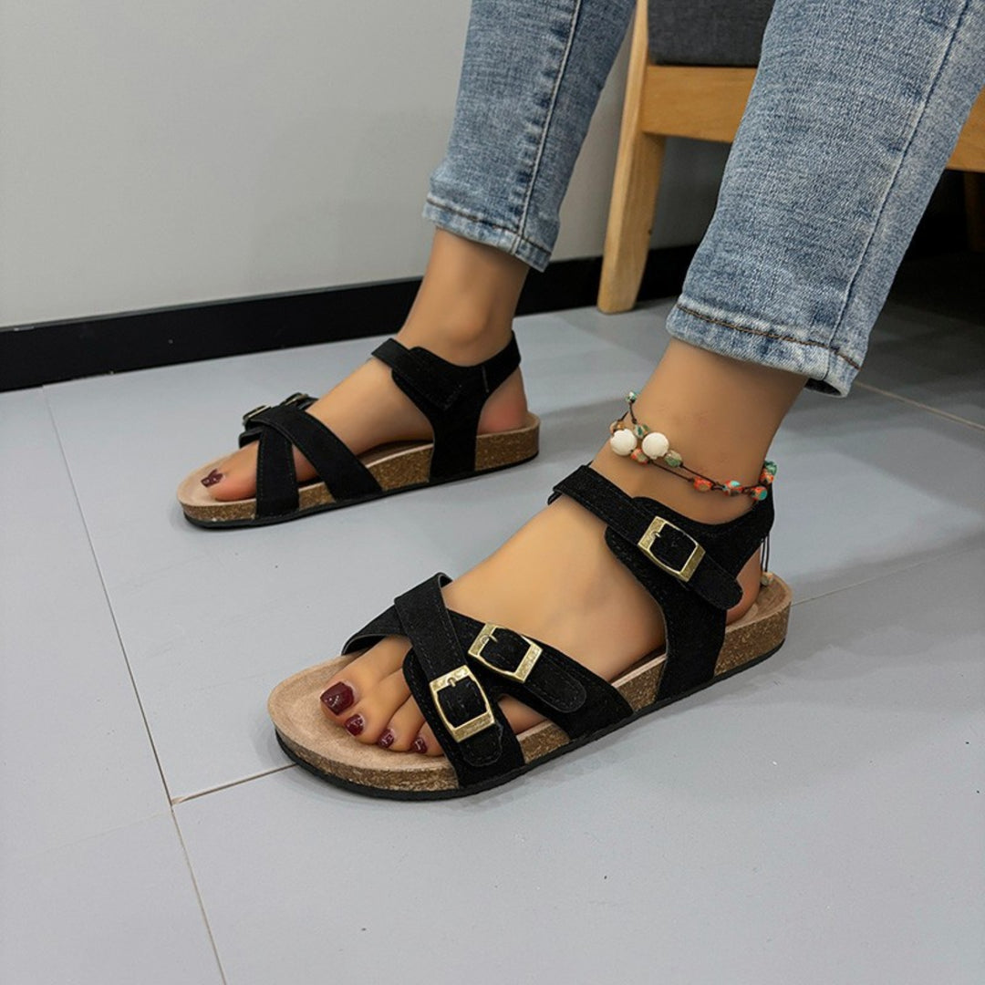 EJC OPEN TOE FLAT BUCKLE SANDALS