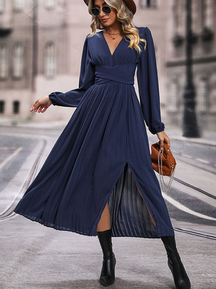 EJC V-Neck Long Sleeve Pleated Slit Dress