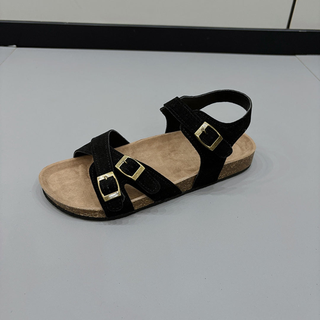 EJC OPEN TOE FLAT BUCKLE SANDALS