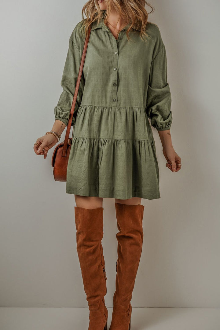 EJC Tiered Collared Neck Balloon Sleeve Shirt Dress