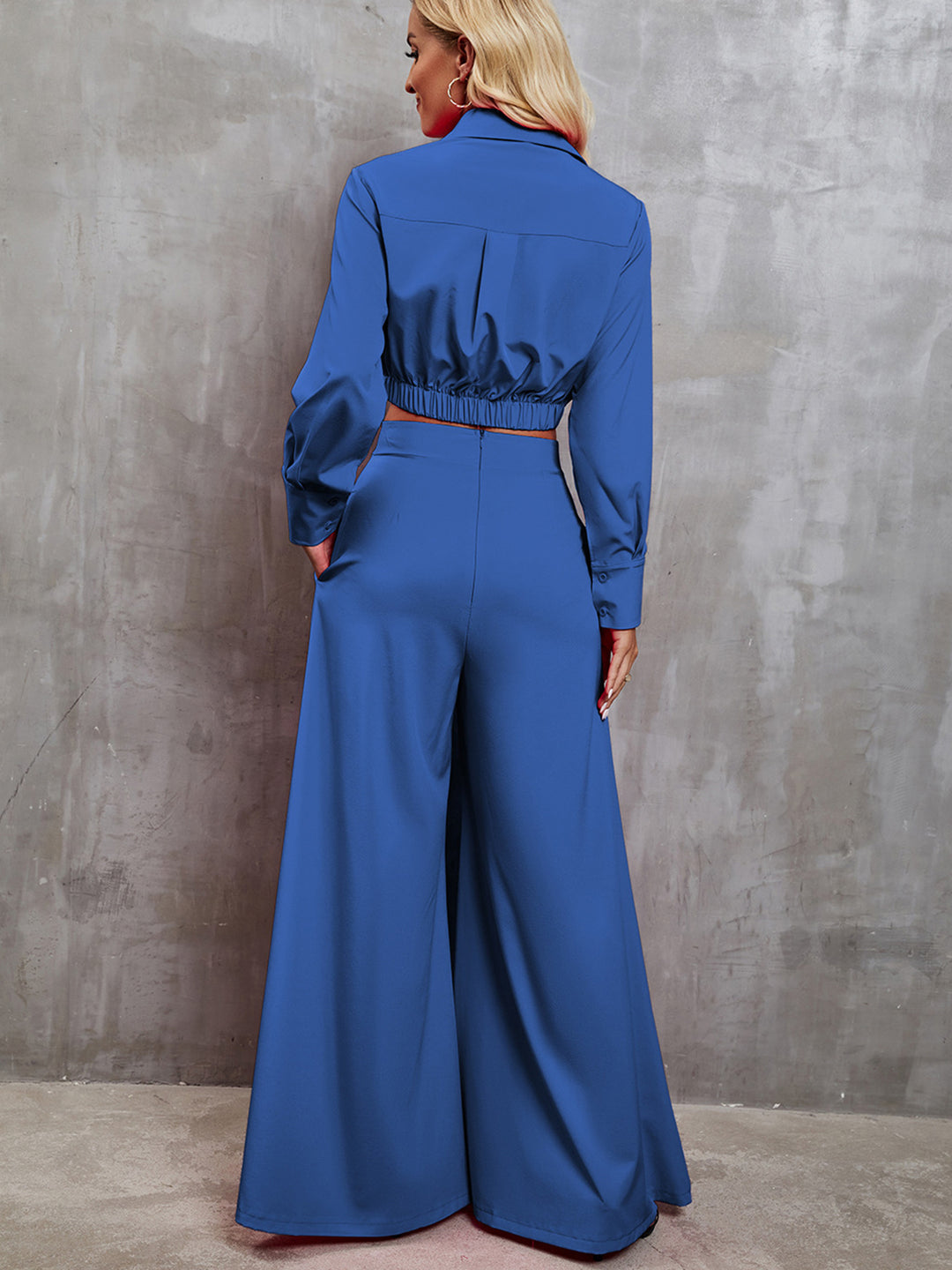 EJC Collared Neck Long Sleeve Top and Wide Leg Pants Set