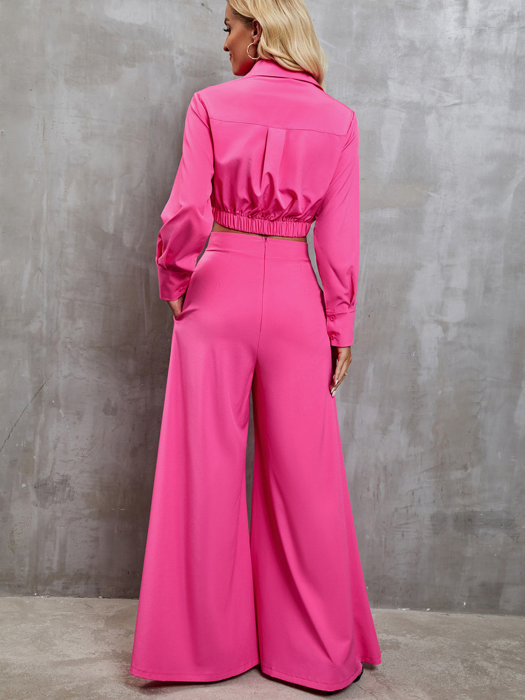 EJC Collared Neck Long Sleeve Top and Wide Leg Pants Set