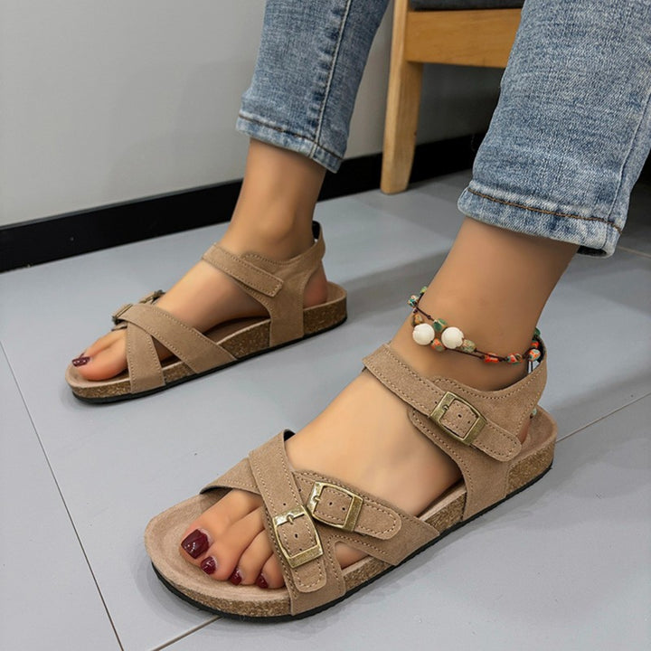 EJC OPEN TOE FLAT BUCKLE SANDALS