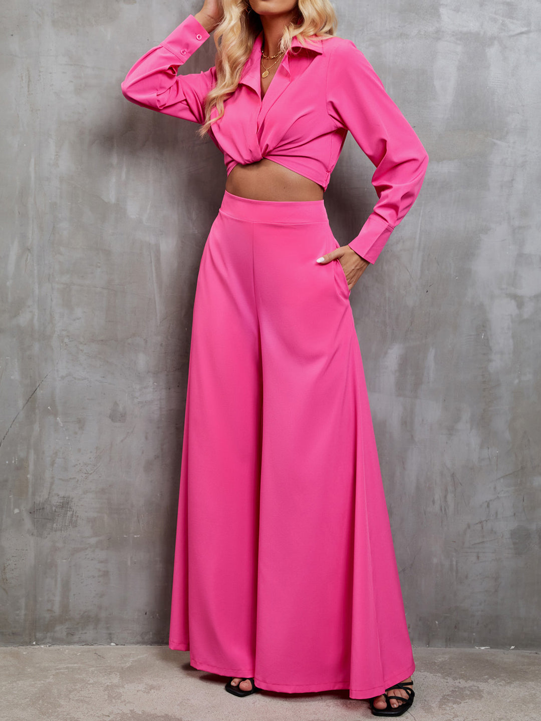 EJC Collared Neck Long Sleeve Top and Wide Leg Pants Set