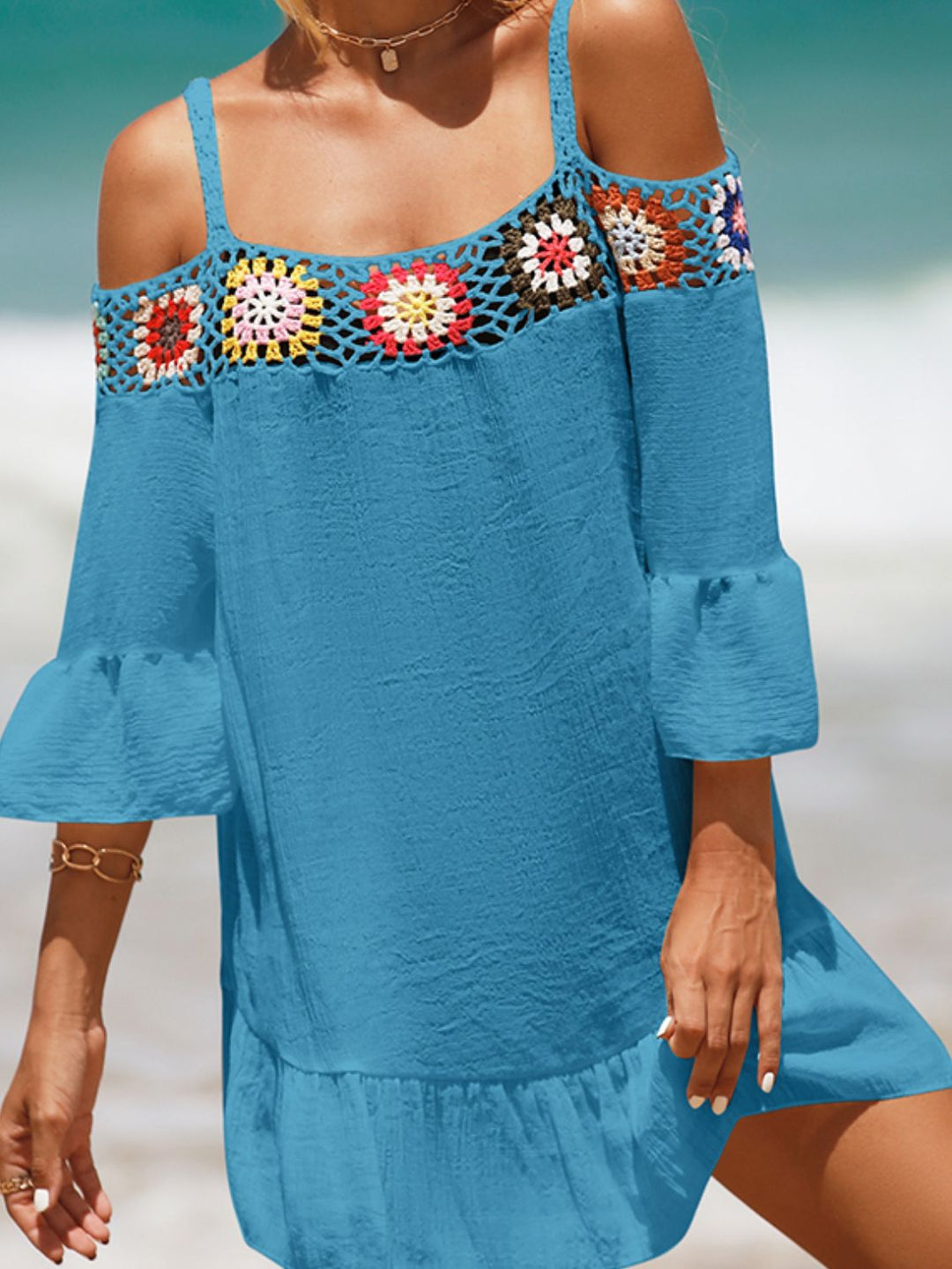 EJC Crochet Cold Shoulder Three-Quarter Sleeve Cover Up