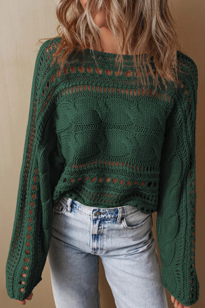 EJC Cable-Knit Openwork Long Sleeve Sweater