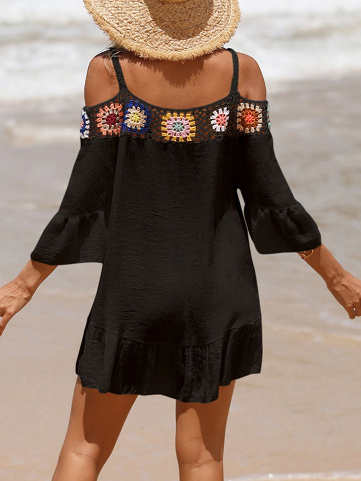 EJC Crochet Cold Shoulder Three-Quarter Sleeve Cover Up