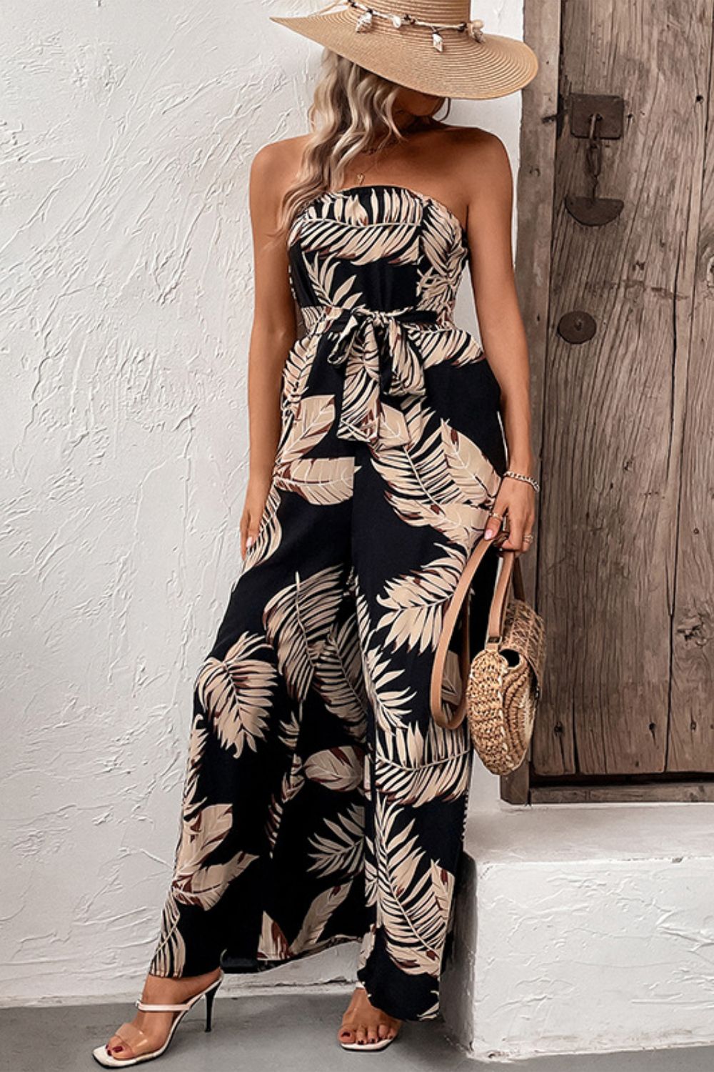 EJC Printed Strapless Wide Leg Jumpsuit with Pockets