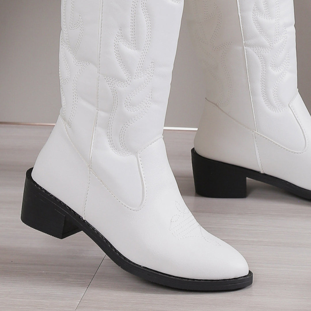 EJC PU LEATHER POINT TOE BLOCK HEEL BOOTS