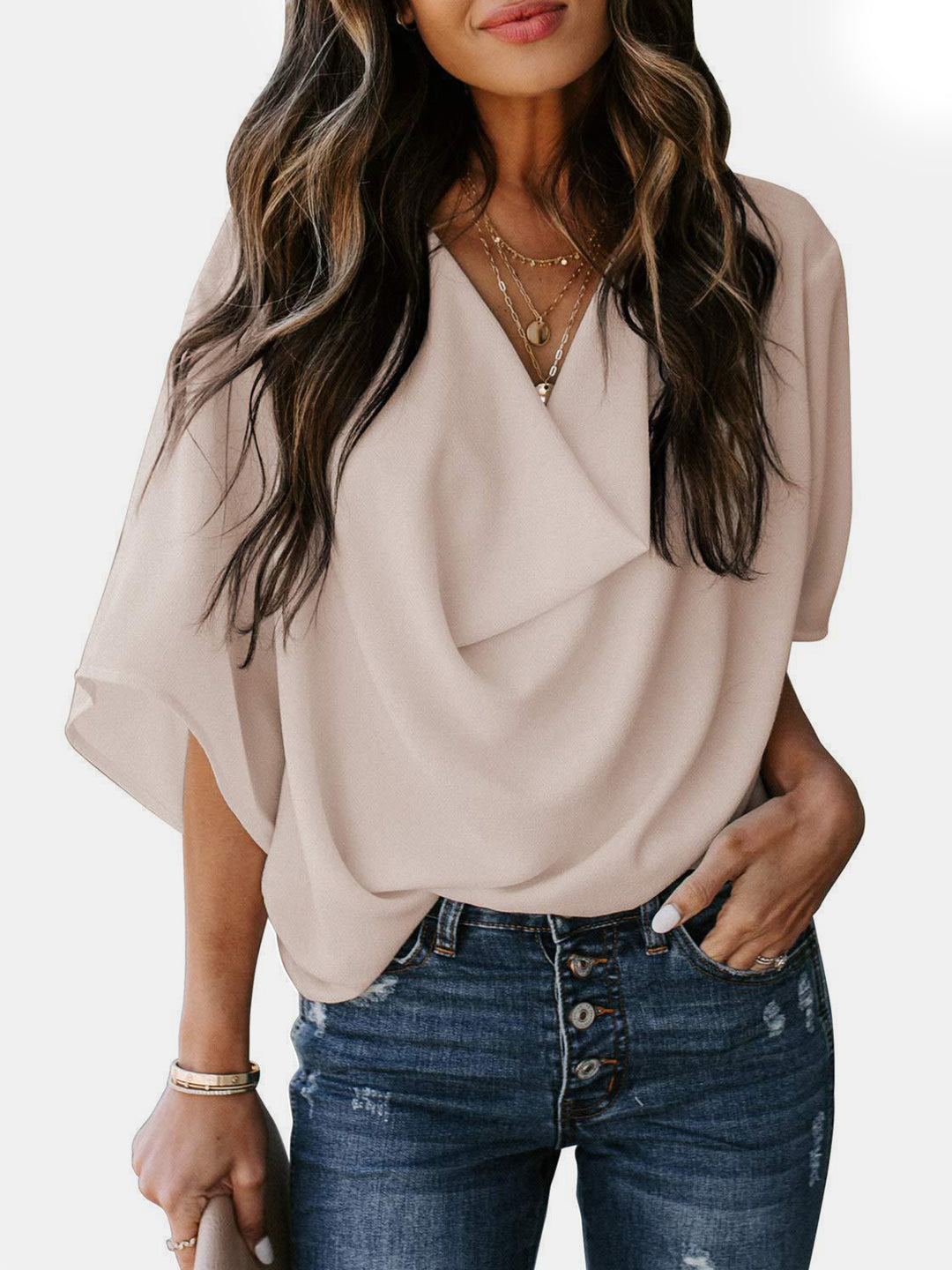 EJC Cowl Neck Three-Quarter Sleeve Blouse