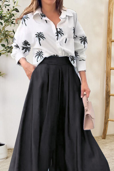 EJC Pocketed Dropped Shoulder Shirt and Wide Leg Pants Set