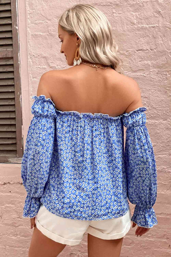 EJC Off Shoulder Printed Frill Trim Blouse