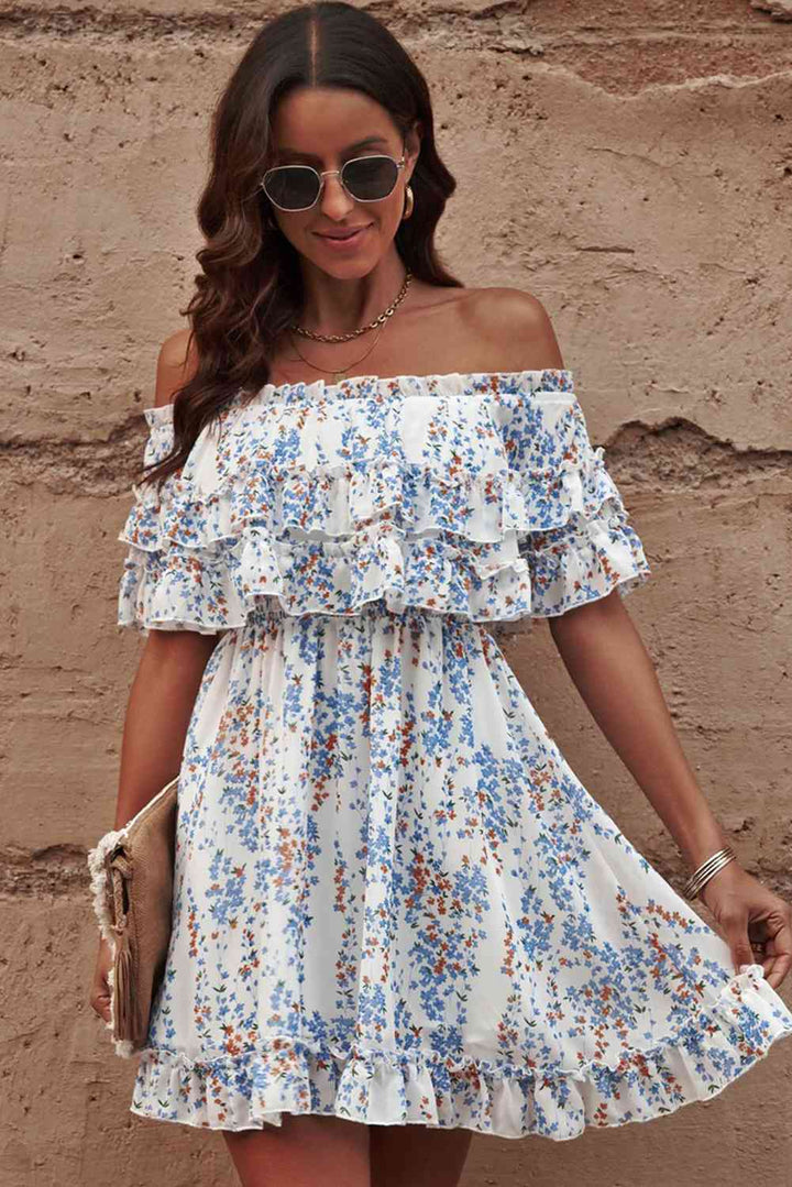 EJC Floral Off-Shoulder Ruffle Hem Dress