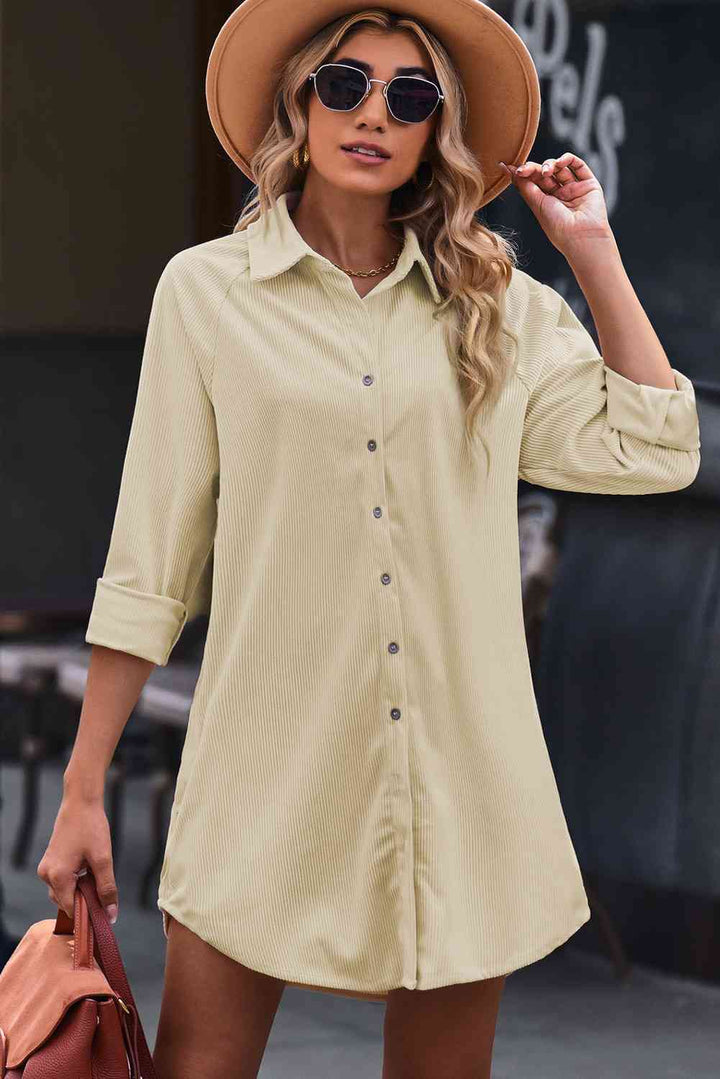 EJC Button Front Curved Hem Raglan Sleeve Shirt Dress