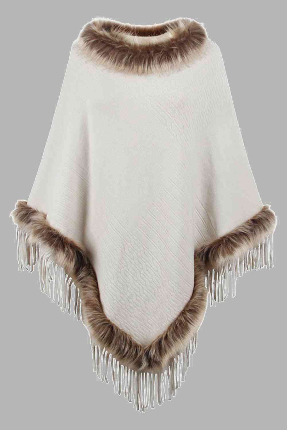 EJC Faux Fur Trim Fringed Poncho