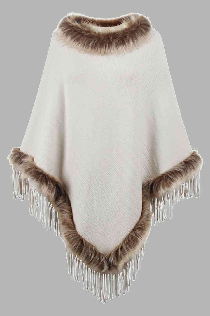 EJC Faux Fur Trim Fringed Poncho