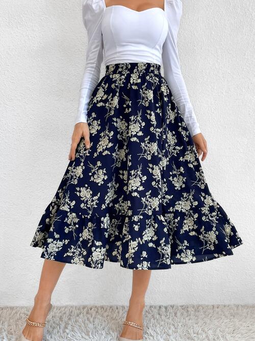 EJC Printed Ruffle Hem Midi Skirt