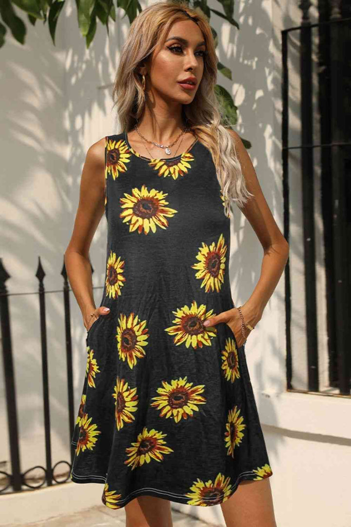 EJC Printed Round Neck Sleeveless Dress with Pockets