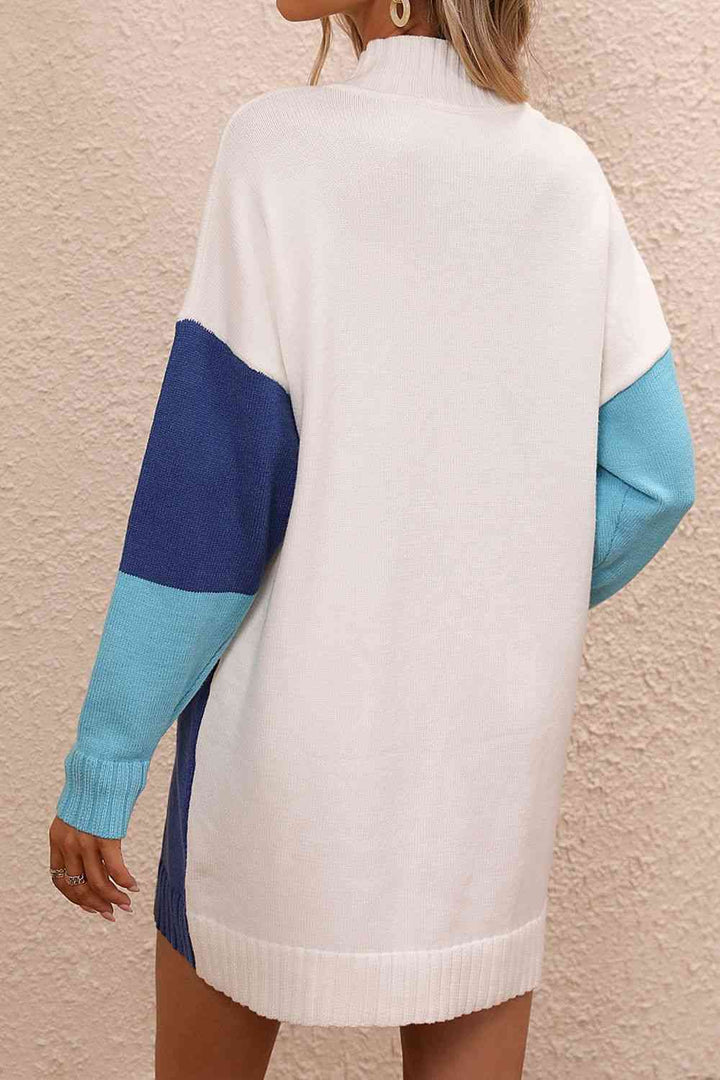 EJC Color Block Mock Neck Dropped Shoulder Sweater Dress