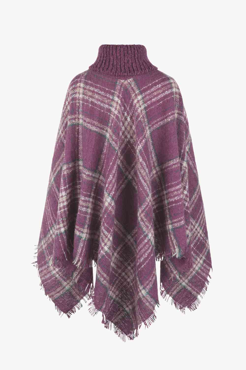 EJC Plaid Turtleneck Fringe Hem Poncho