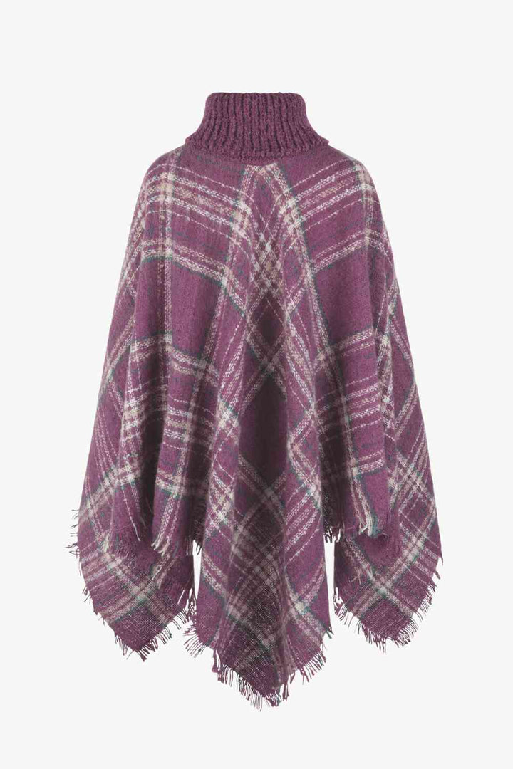 EJC Plaid Turtleneck Fringe Hem Poncho