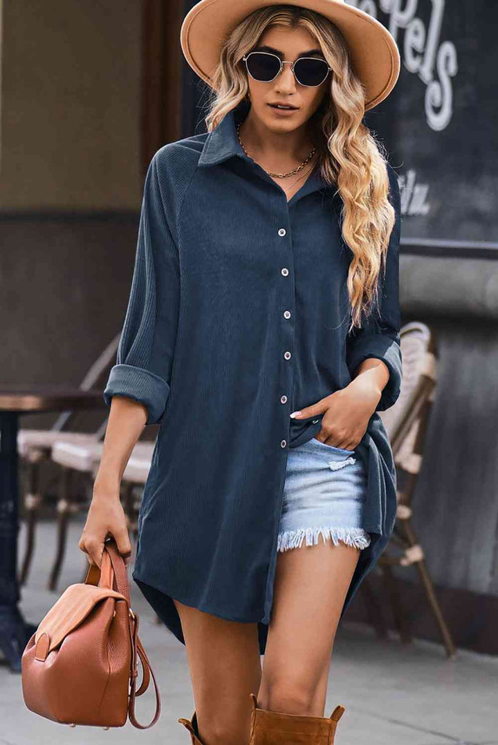 EJC Button Front Curved Hem Raglan Sleeve Shirt Dress