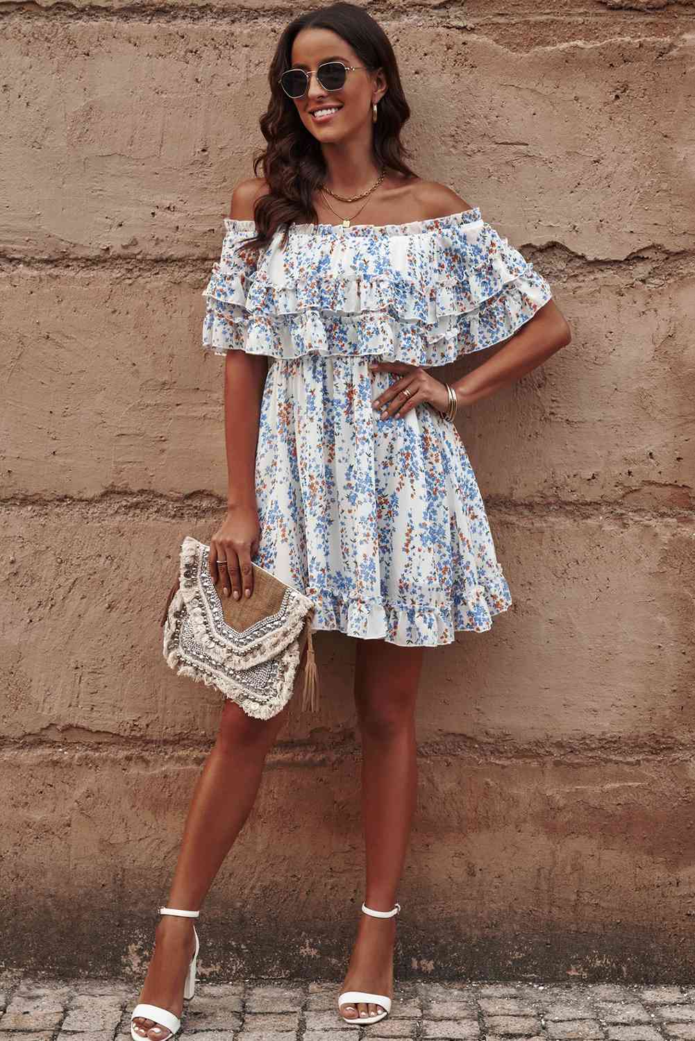 EJC Floral Off-Shoulder Ruffle Hem Dress