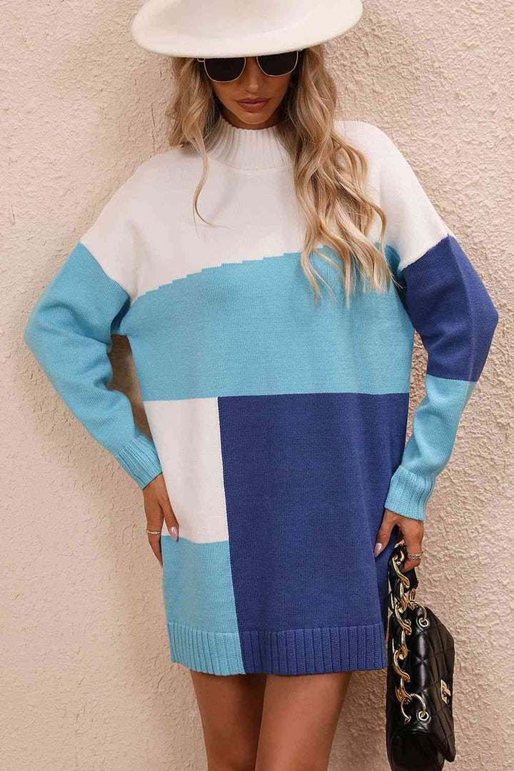 EJC Color Block Mock Neck Dropped Shoulder Sweater Dress